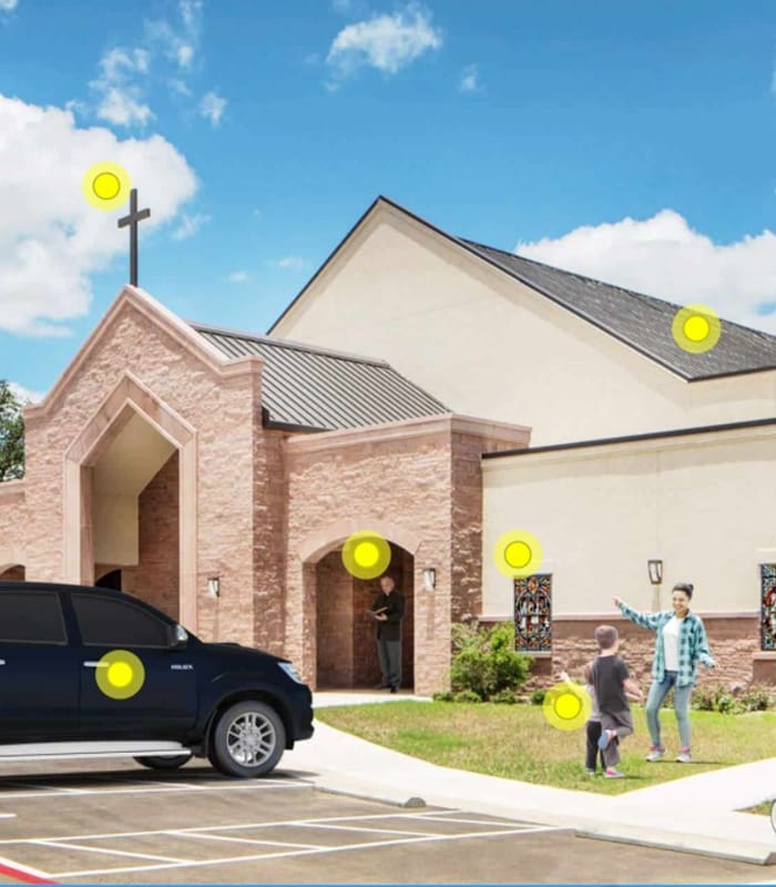 Clickable Coverage - Church Scene of a Family Standing Outside a Church on a Nice Day