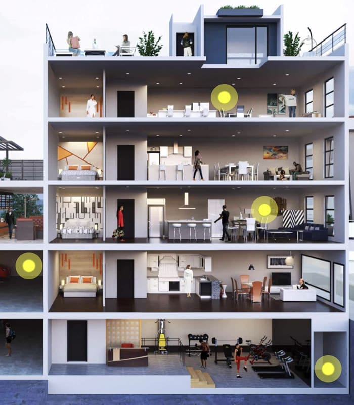 Clickable Coverage - Environmental Insurance Scene with an Open View of an Apartment Building