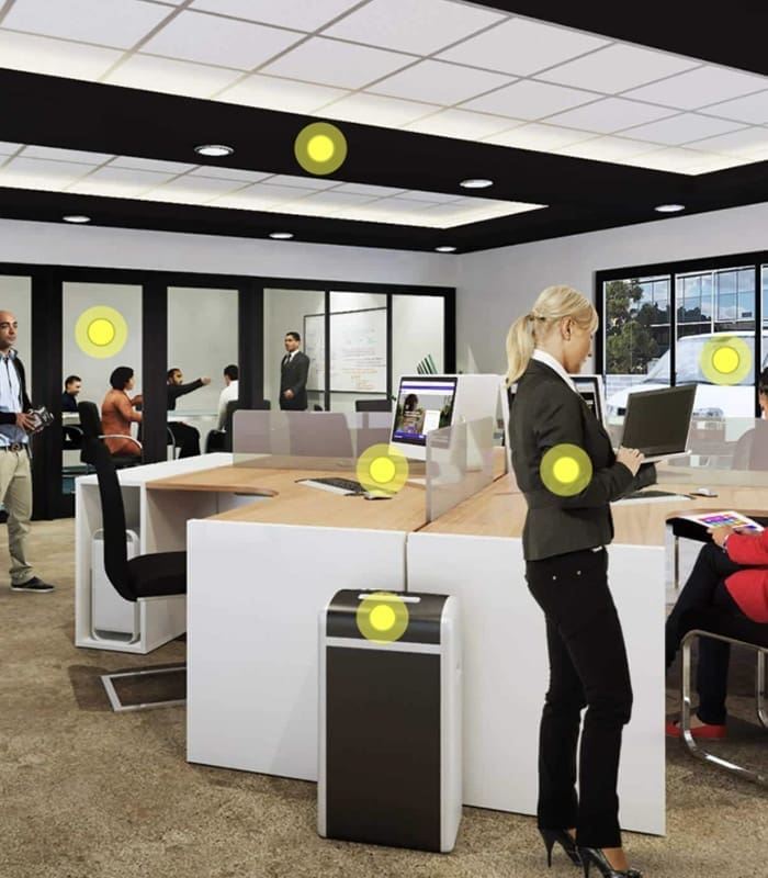 Clickable Coverage - Risk Management Scene with Employees Working at Open Cubicles in an Office