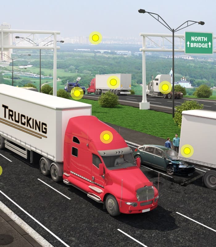 Clickable Coverage - Trucking Scene of a Highway with Trucks and Cars Driving Down the Road and an Accident on the Side of the Road