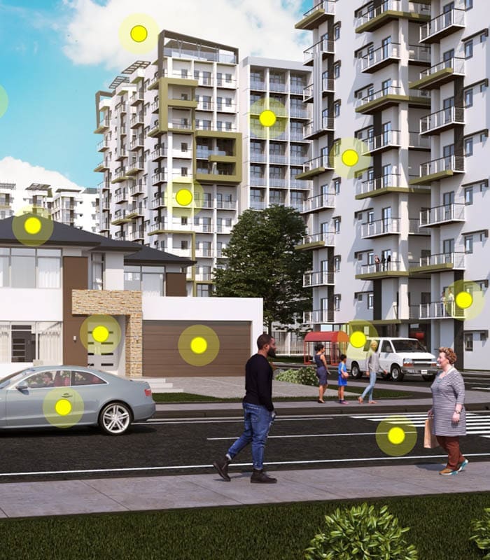 Clickable Coverage - Landlord and Rental Property Insurance Scene With People Walking Along a Sidewalk and View of Rental Property Buildings in the Distance
